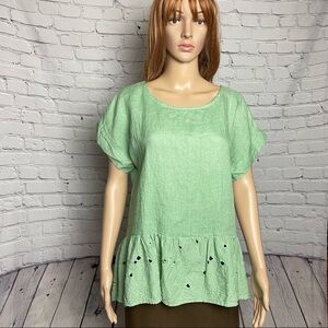 NWT New Terzo Millennio Green Eyelet-trim Linen Top Made in Italy Size S